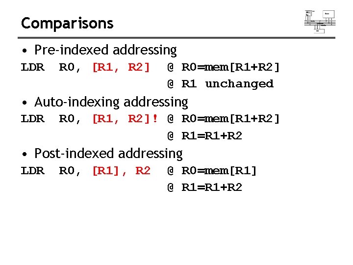 Comparisons • Pre-indexed addressing LDR R 0, [R 1, R 2] @ R 0=mem[R