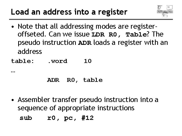 Load an address into a register • Note that all addressing modes are registeroffseted.