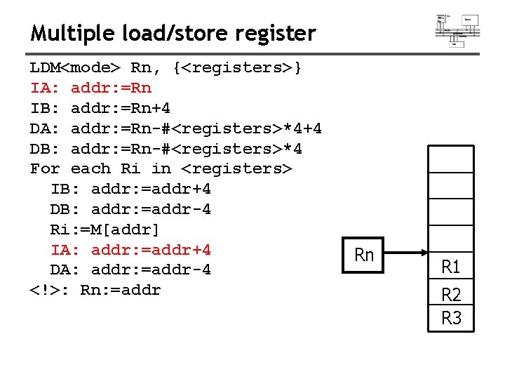 Multiple load/store register LDM<mode> Rn, {<registers>} IA: addr: =Rn IB: addr: =Rn+4 DA: addr: