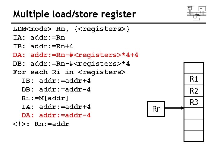 Multiple load/store register LDM<mode> Rn, {<registers>} IA: addr: =Rn IB: addr: =Rn+4 DA: addr: