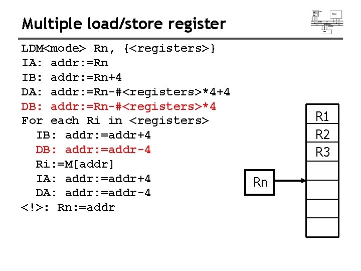 Multiple load/store register LDM<mode> Rn, {<registers>} IA: addr: =Rn IB: addr: =Rn+4 DA: addr: