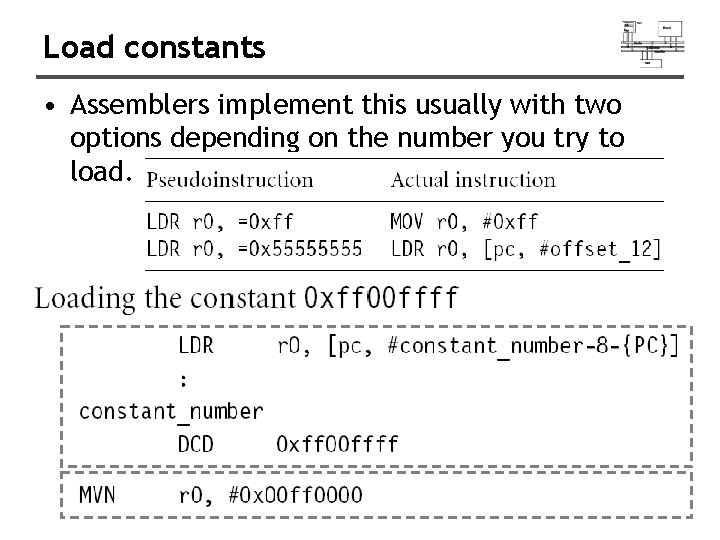 Load constants • Assemblers implement this usually with two options depending on the number