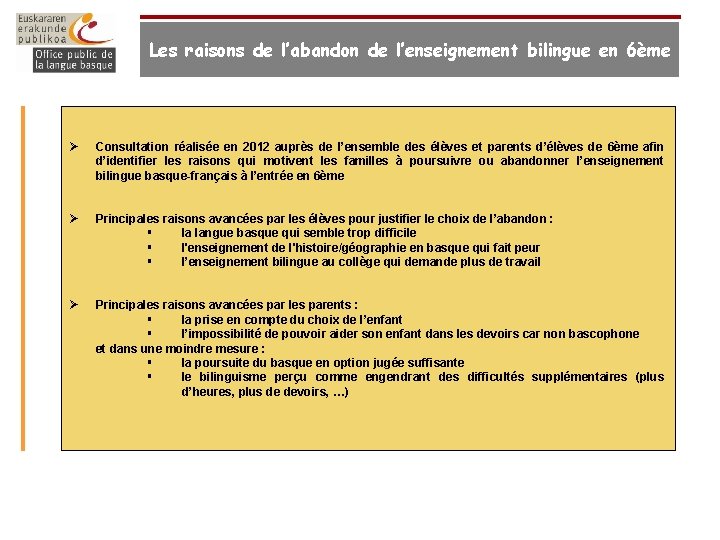 Les raisons de l’abandon de l’enseignement bilingue en 6ème Ø Consultation réalisée en 2012