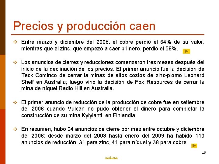 Precios y producción caen v Entre marzo y diciembre del 2008, el cobre perdió