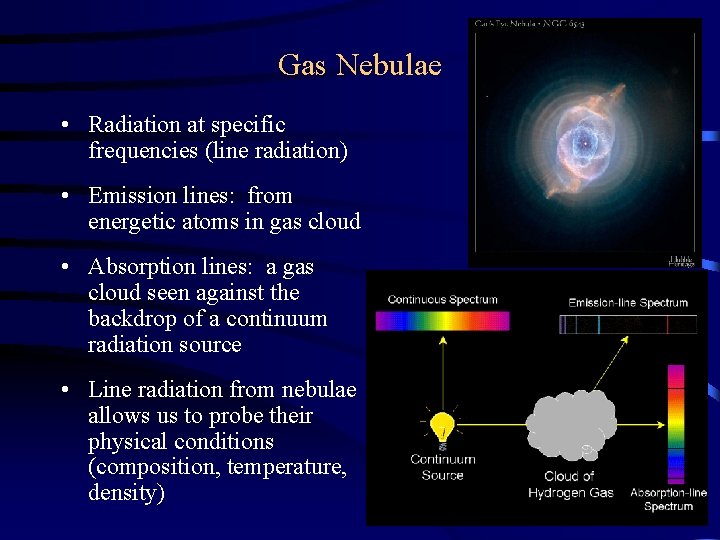 Gas Nebulae • Radiation at specific frequencies (line radiation) • Emission lines: from energetic