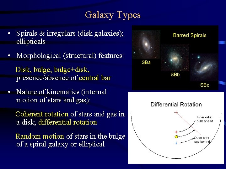 Galaxy Types • Spirals & irregulars (disk galaxies); ellipticals • Morphological (structural) features: Disk,