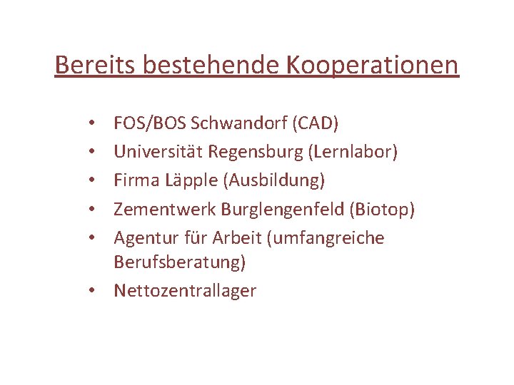 Bereits bestehende Kooperationen FOS/BOS Schwandorf (CAD) Universität Regensburg (Lernlabor) Firma Läpple (Ausbildung) Zementwerk Burglengenfeld