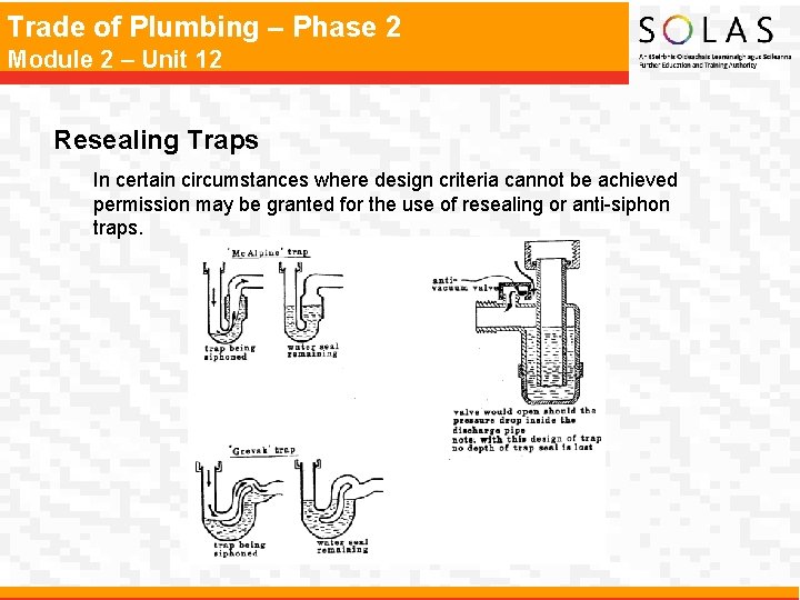 Trade of Plumbing – Phase 2 Module 2 – Unit 12 Resealing Traps In