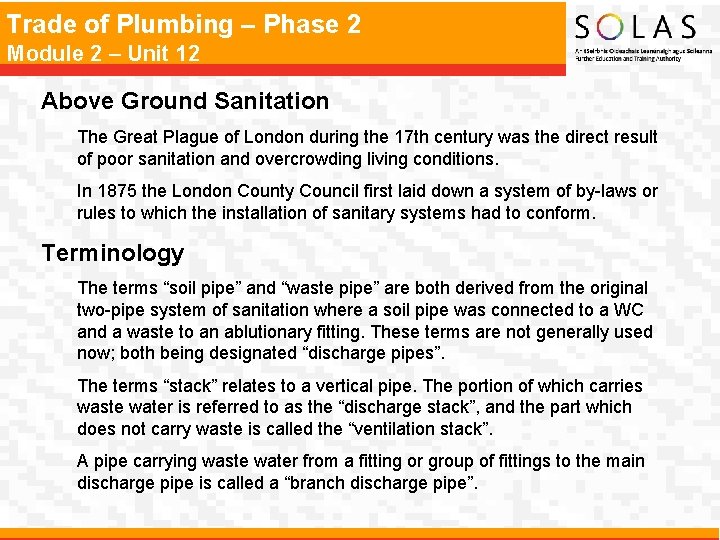 Trade of Plumbing – Phase 2 Module 2 – Unit 12 Above Ground Sanitation