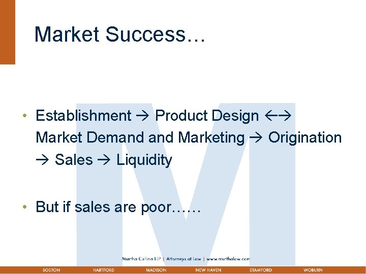 Market Success… • Establishment Product Design Market Demand Marketing Origination Sales Liquidity • But