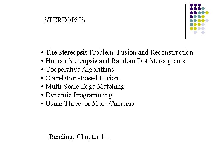 STEREOPSIS • The Stereopsis Problem: Fusion and Reconstruction • Human Stereopsis and Random Dot