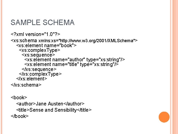SAMPLE SCHEMA <? xml version="1. 0"? > <xs: schema xmlns: xs="http: //www. w 3.