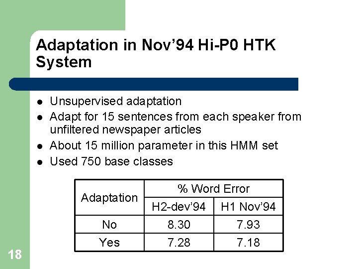 Adaptation in Nov’ 94 Hi-P 0 HTK System l l Unsupervised adaptation Adapt for