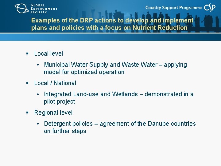 Examples of the DRP actions to develop and implement plans and policies with a