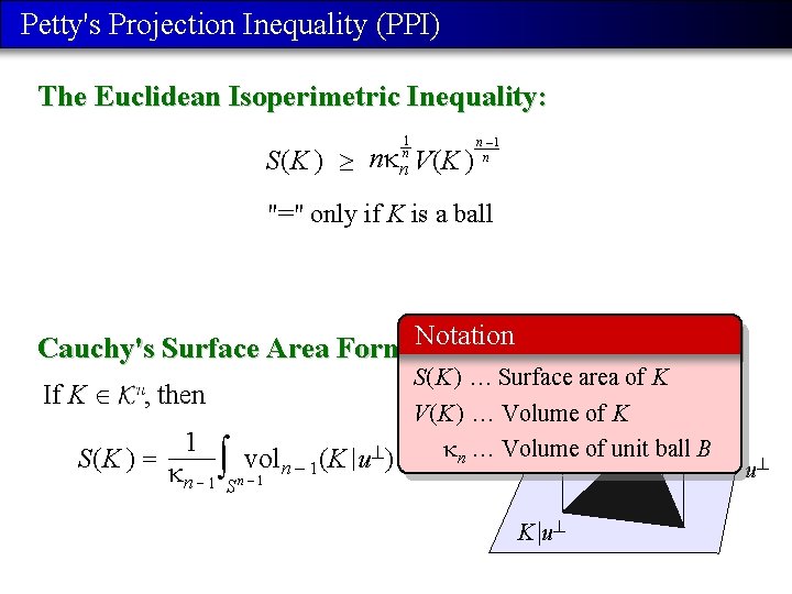 Petty's Projection Inequality (PPI) The Euclidean Isoperimetric Inequality: 1 n S(K ) n n