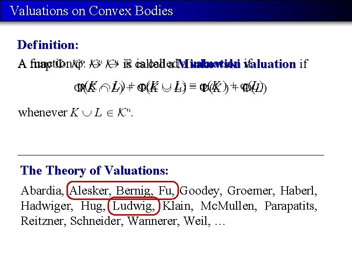 Valuations on Convex Bodies Def inition: A function is called a valuation if map