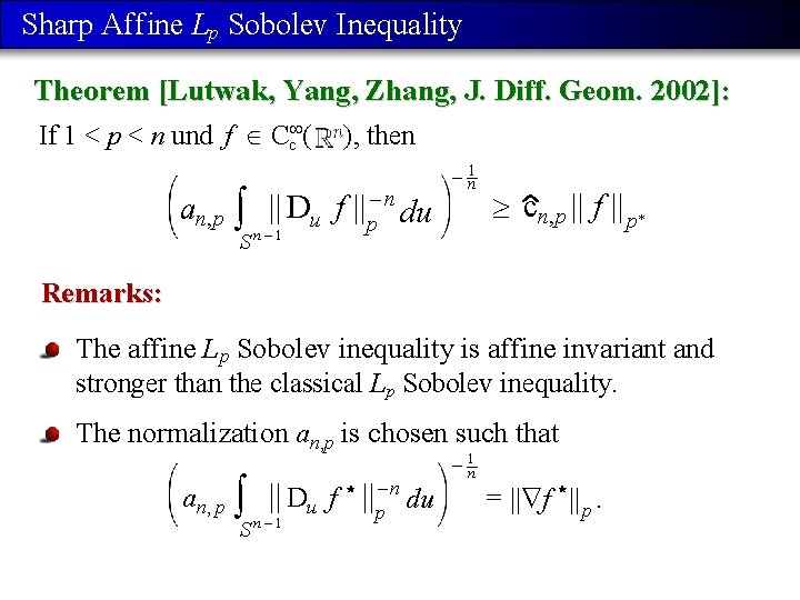 Sharp Aff ine Lp Sobolev Inequality Theorem [Lutwak, Yang, Zhang, J. Diff. Geom. 2002]: