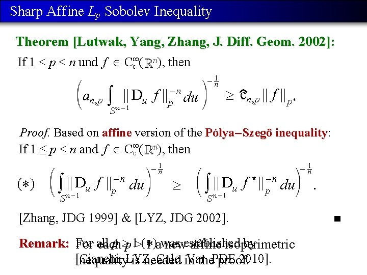 Sharp Aff ine Lp Sobolev Inequality Theorem [Lutwak, Yang, Zhang, J. Diff. Geom. 2002]: