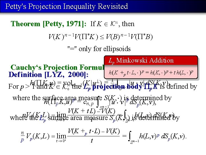 Petty's Projection Inequality Revisited Theorem [Petty, 1971]: If K , then V(K ) n