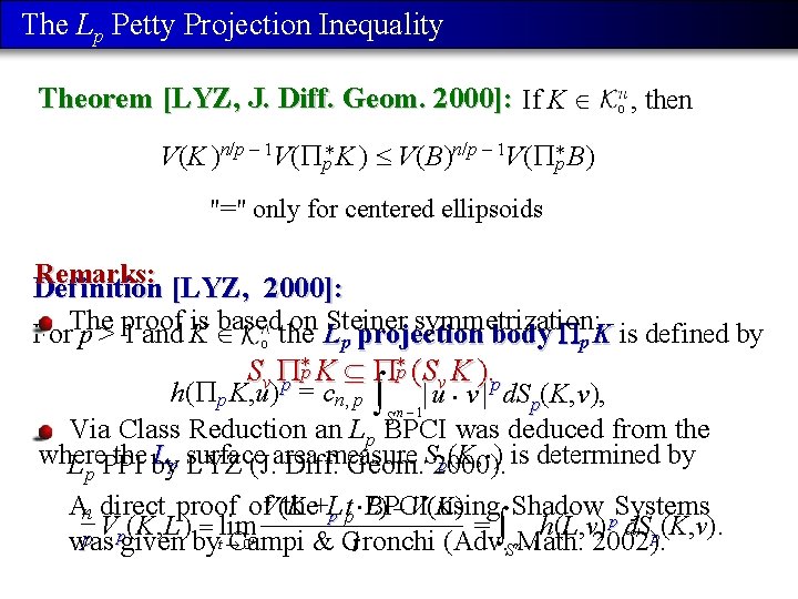 The Lp Petty Projection Inequality Theorem [LYZ, J. Diff. Geom. 2000]: If K o