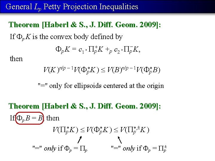 General Lp Petty Projection Inequalities Theorem [Haberl & S. , J. Diff. Geom. 2009]: