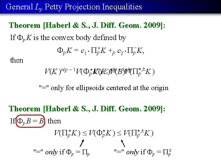 General Lp Petty Projection Inequalities Theorem [Haberl & S. , J. Diff. Geom. 2009]: