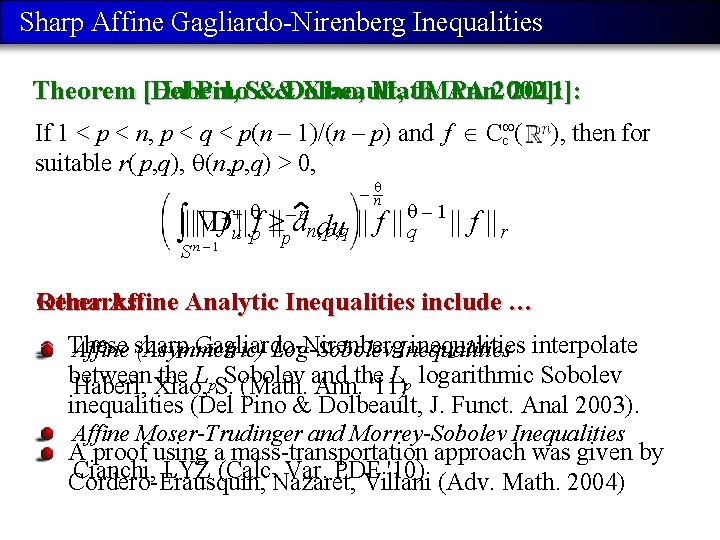 Sharp Affine Gagliardo-Nirenberg Inequalities Theorem [Del Pino. S. &&Dolbeault, JMPA [Haberl, Xiao, Math. Ann.