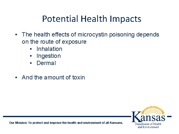 Potential Health Impacts • The health effects of microcystin poisoning depends on the route