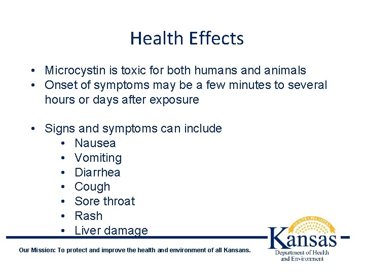 Health Effects • Microcystin is toxic for both humans and animals • Onset of