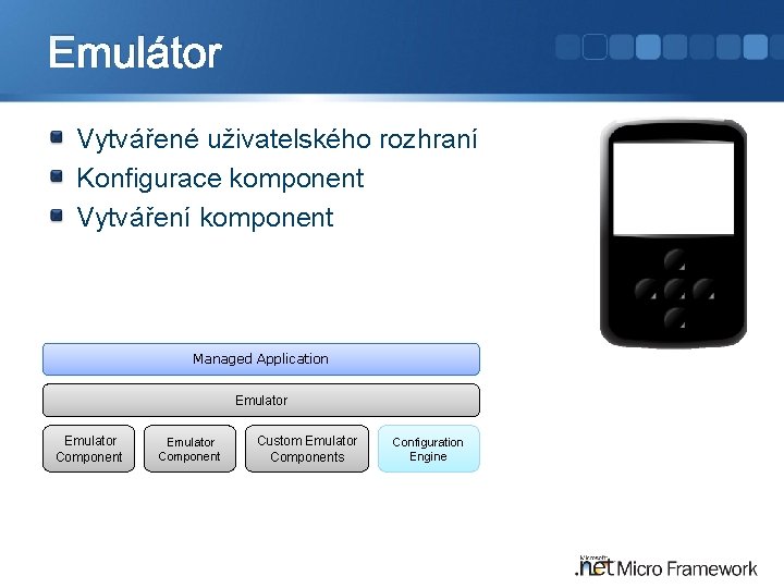 Emulátor Vytvářené uživatelského rozhraní Konfigurace komponent Vytváření komponent Managed Application Emulator Component Custom Emulator