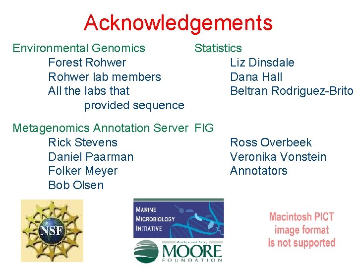 Acknowledgements Environmental Genomics Statistics Forest Rohwer Liz Dinsdale Rohwer lab members Dana Hall All