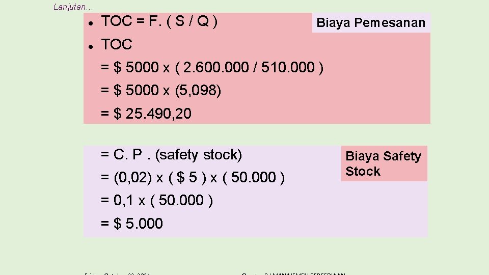 Lanjutan… TOC = F. ( S / Q ) TOC Biaya Pemesanan = $