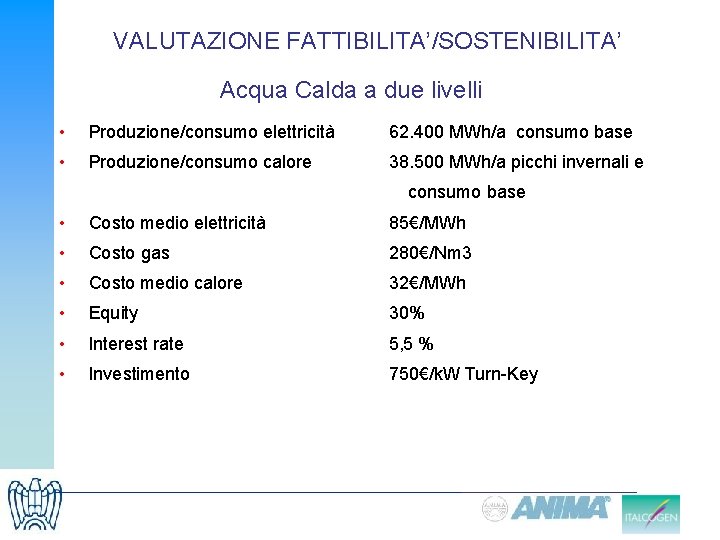 VALUTAZIONE FATTIBILITA’/SOSTENIBILITA’ Acqua Calda a due livelli • Produzione/consumo elettricità 62. 400 MWh/a consumo