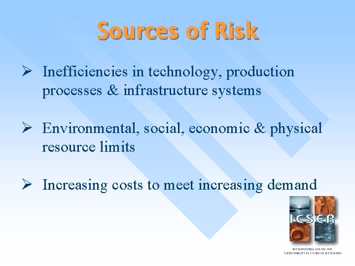 Sources of Risk Ø Inefficiencies in technology, production processes & infrastructure systems Ø Environmental,