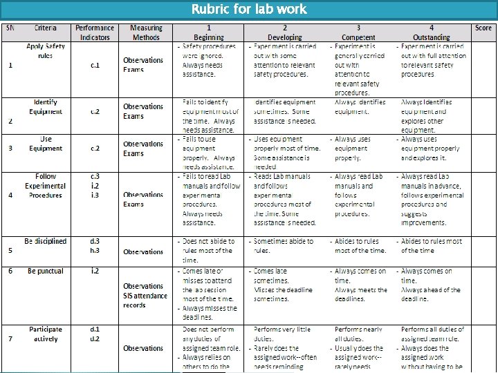 Rubric for lab work 