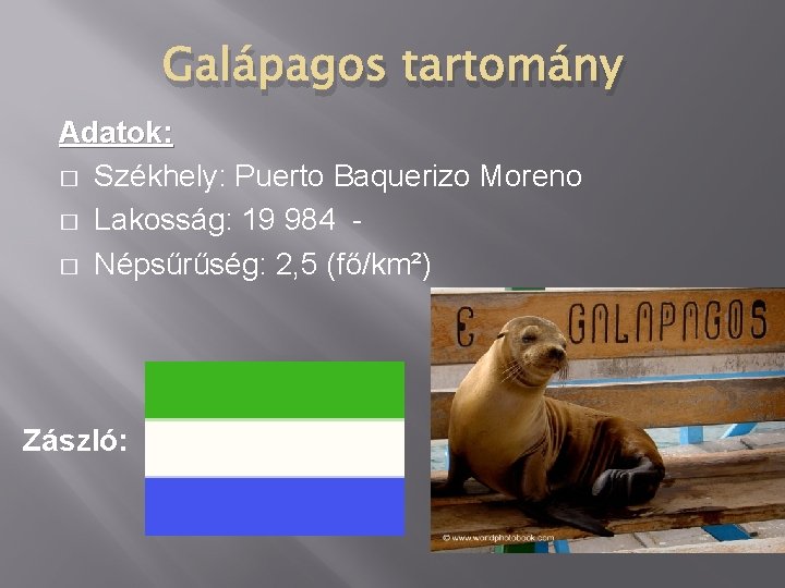 Galápagos tartomány Adatok: � Székhely: Puerto Baquerizo Moreno � Lakosság: 19 984 � Népsűrűség: