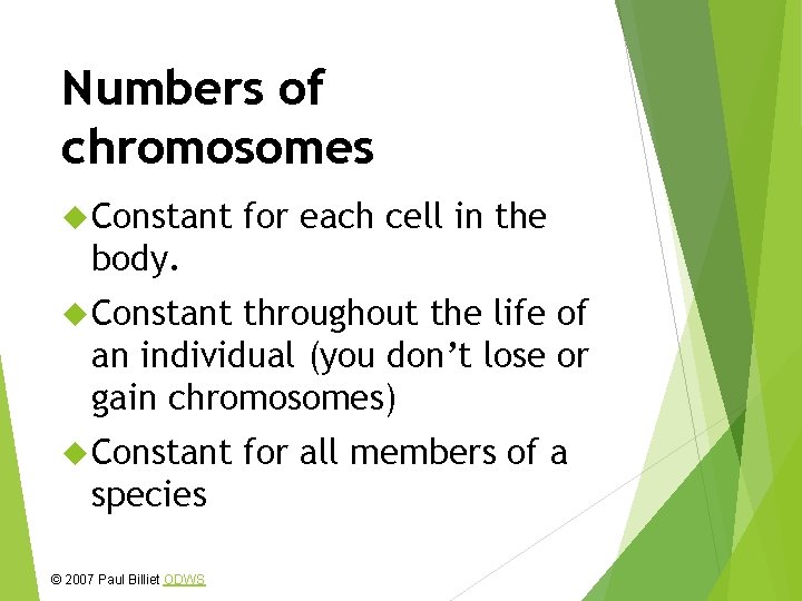 Numbers of chromosomes Constant for each cell in the body. Constant throughout the life