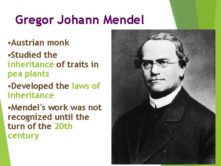 Gregor Johann Mendel §Austrian monk §Studied the inheritance of traits in pea plants §Developed
