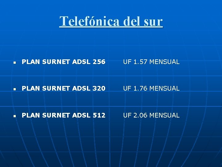 Telefónica del sur n PLAN SURNET ADSL 256 UF 1. 57 MENSUAL n PLAN