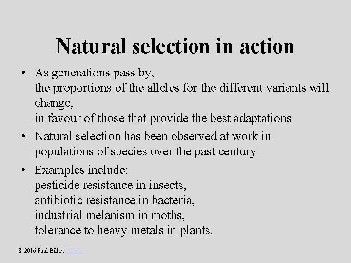 Natural selection in action • As generations pass by, the proportions of the alleles