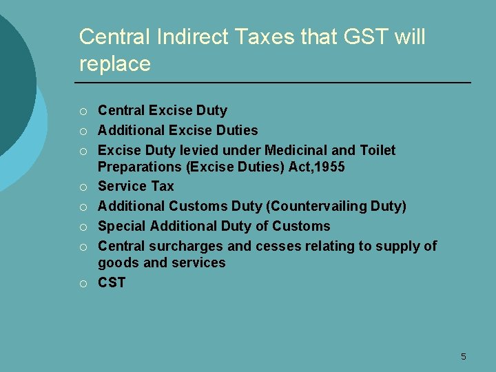 Central Indirect Taxes that GST will replace ¡ ¡ ¡ ¡ Central Excise Duty