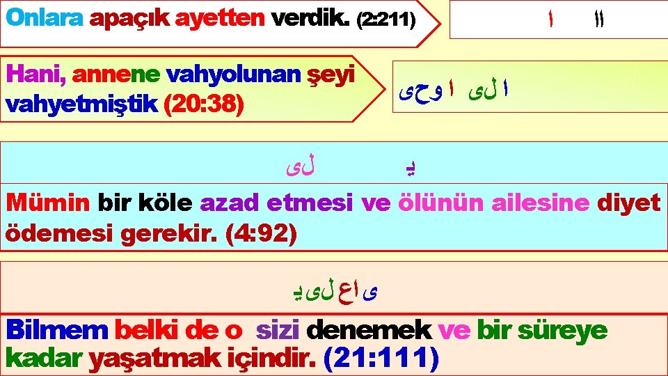 (2: 211) Onlara apaçık ayetten verdik. (2: 211) (20: 38) Hani, annene vahyolunan şeyi