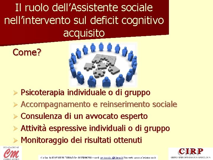 Il ruolo dell’Assistente sociale nell’intervento sul deficit cognitivo acquisito Come? Psicoterapia individuale o di