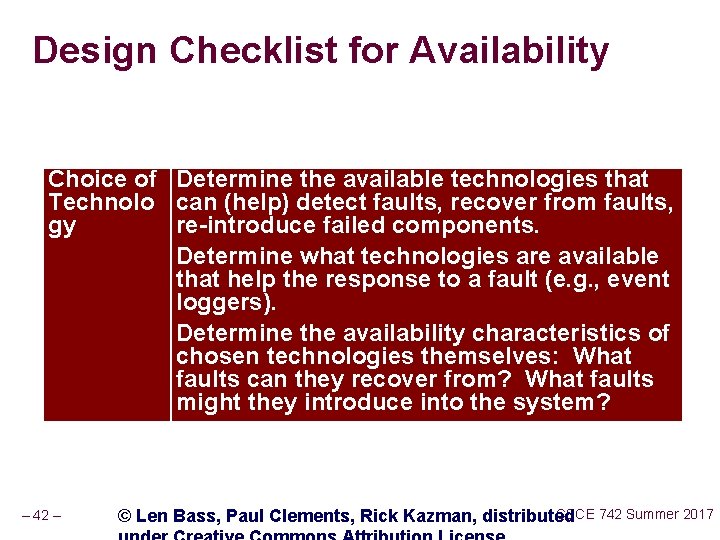 Design Checklist for Availability Choice of Determine the available technologies that Technolo can (help)
