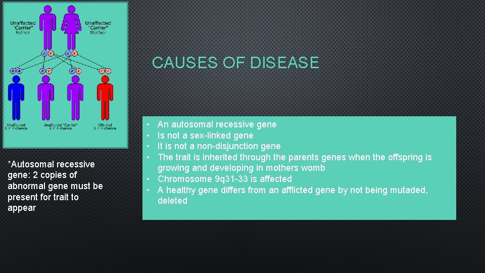 CAUSES OF DISEASE *Autosomal recessive gene: 2 copies of abnormal gene must be present