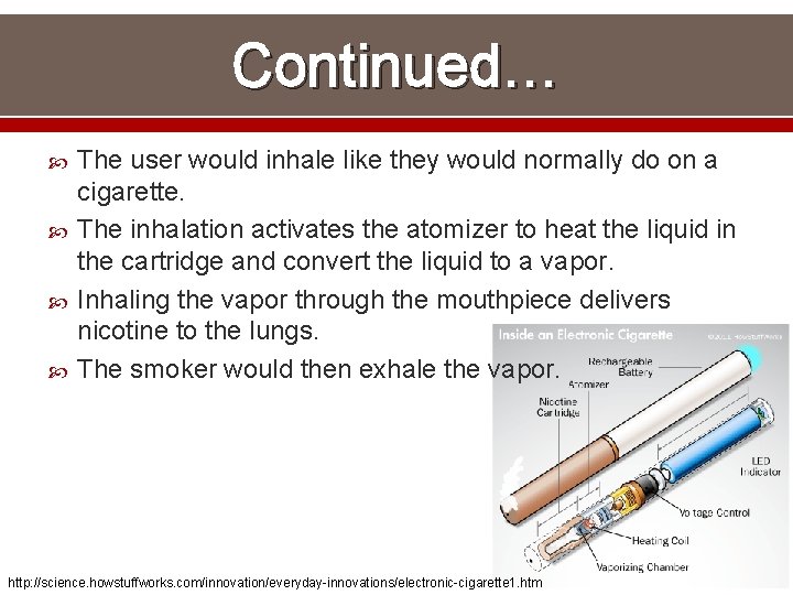 Continued… The user would inhale like they would normally do on a cigarette. The