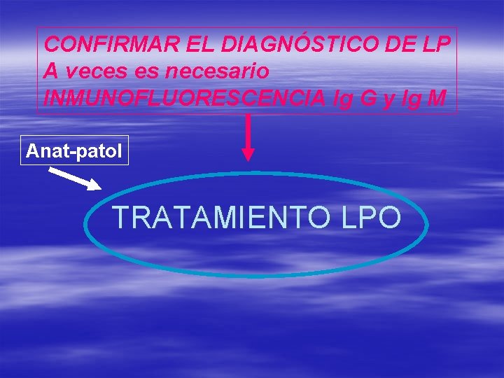 CONFIRMAR EL DIAGNÓSTICO DE LP A veces es necesario INMUNOFLUORESCENCIA Ig G y Ig