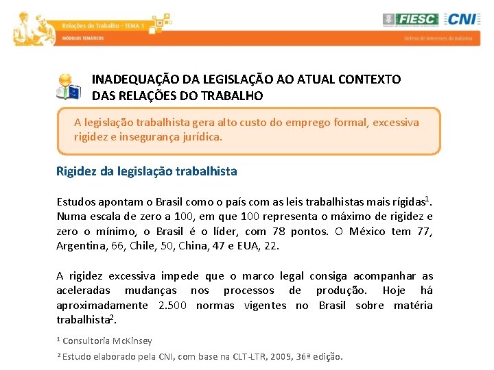 INADEQUAÇÃO DA LEGISLAÇÃO AO ATUAL CONTEXTO DAS RELAÇÕES DO TRABALHO A legislação trabalhista gera