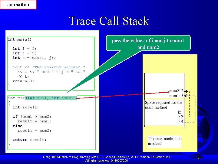 animation Trace Call Stack pass the values of i and j to num 1 animation Trace Call Stack pass the values of i and j to num 1