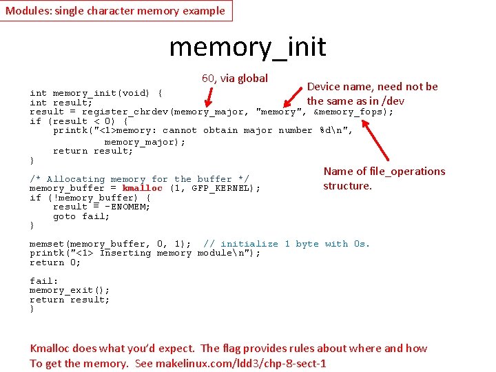 Modules: single character memory example memory_init 60, via global Device name, need not be